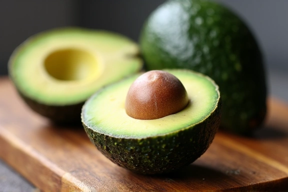 Un primo piano di un avocado tagliato a metà, con il nocciolo, su un tagliere di legno.