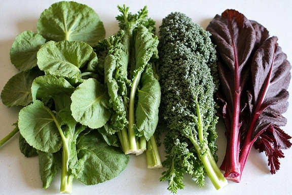 Un assortimento di verdure a foglia verde scuro come spinaci, cavolo riccio e bietole, fresche e pulite.